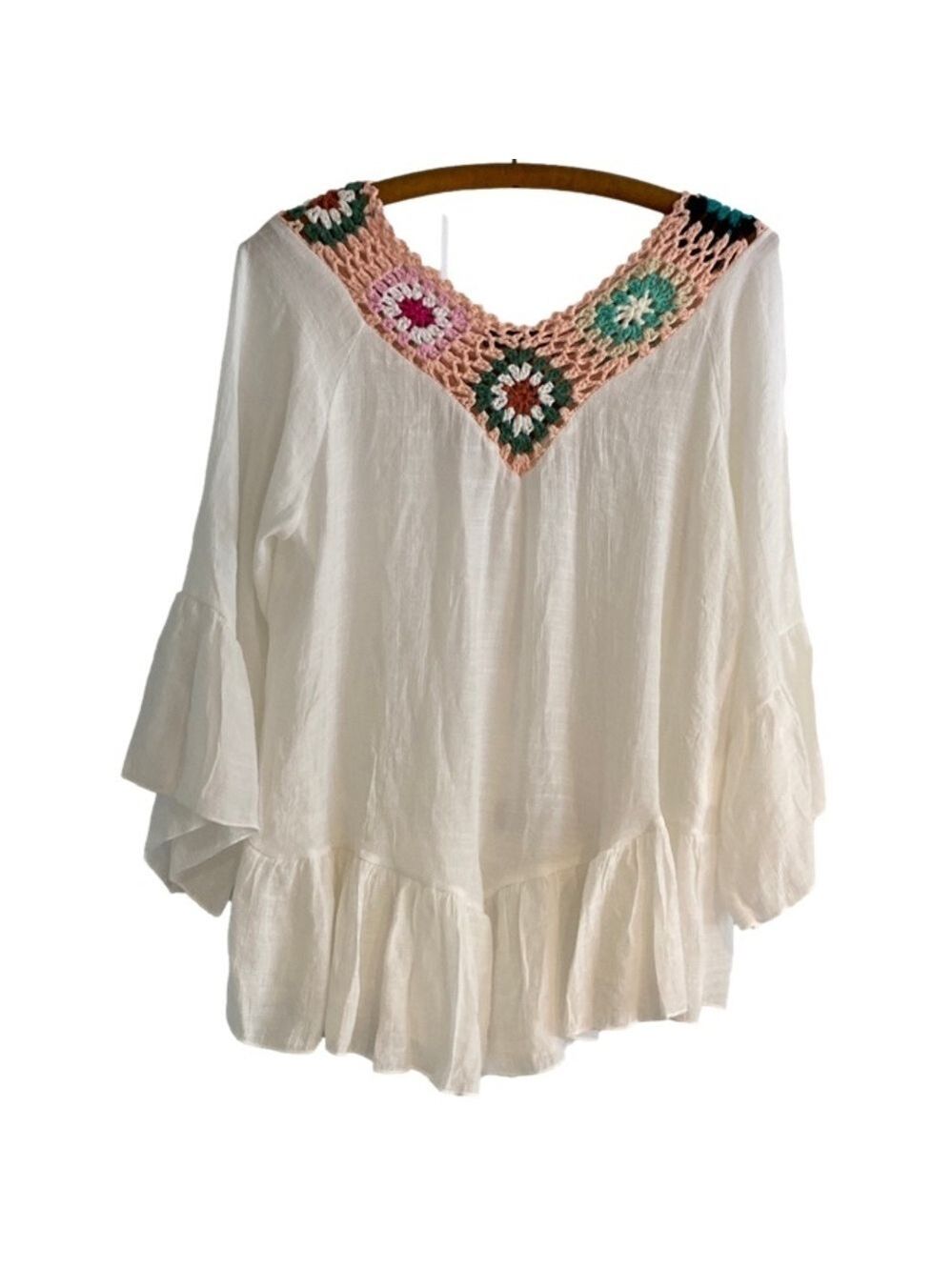 Ana & Rose Top Pullover Crochetd V-neck Bell Sleeve Peasant Flair Women’s Size M